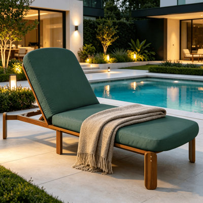 Chaise longue d'extérieur moderne en bois massif, chaise de patio inclinable réglable à 3 positions avec coussin