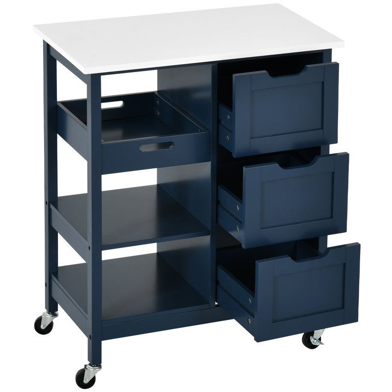 Ariayah Solid Wood Top Kitchen Island Cart with Wheels  & Drawers, Navy Blue/White