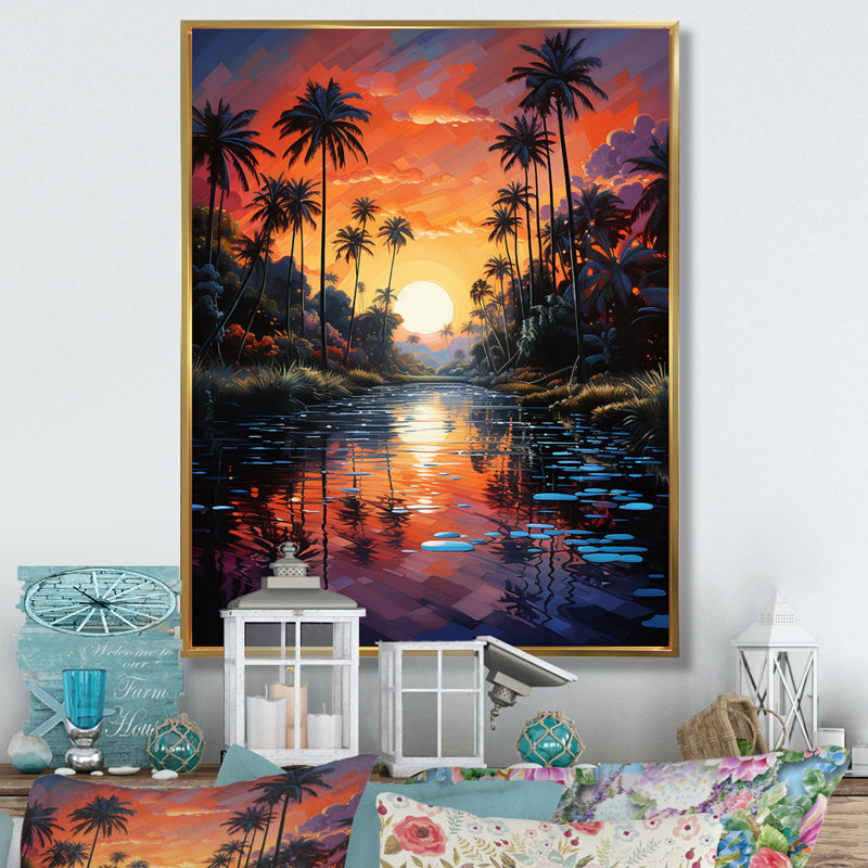 «Kleisthenes Orange Palm Trees Mosaic VII», reproduction d'art sur toile, H 40 po x l 30 po x P 1,5 po, Cadre flottant doré