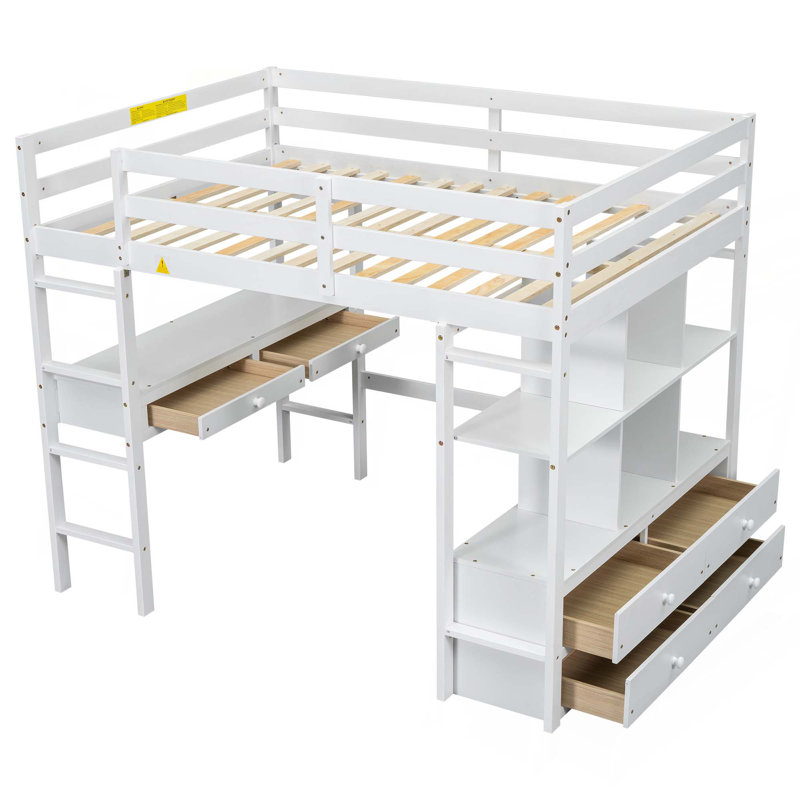 Lit mezzanine double avec bureau intégré avec deux tiroirs et tablettes et tiroirs de rangement, Lit double, Blanc