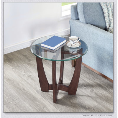 Table basse ronde en verre de 23,5 pouces avec cadre en bois de cerisier, parfaite pour les salons, les bureaux et les appartements