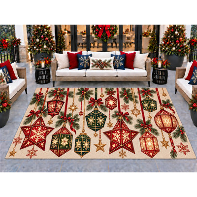 5’ x 7’ Outdoor Area Rug Christmas Hanging Lanterns Stars Red Green Cream, Heavyweight Waterproof PVC Coil Loop Carpet, Quick Dry Indoor Outdoor Mat for Christmas Porch Deck Entryway Large Doormat