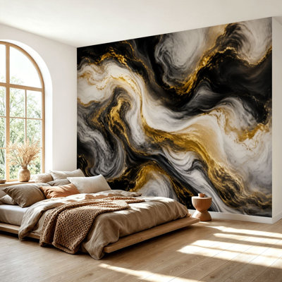 Wall Mural Peel and Stick Wallpaper Luxury Black Gold Abstract Fluid Art Self-Adhesive Removable Contact Paper Wall Decor for Living Room Bedroom 69"H x 96"W