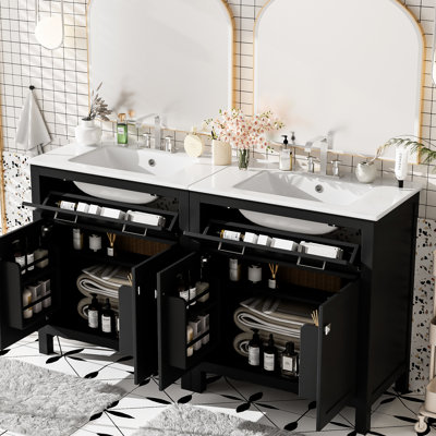 Meuble de salle de bain de 152 cm, lavabo double en céramique, tablette réglable, portes à fermeture douce, tiroir rabattable - Système de fermeture en douceur Cozy Hub pour une salle de bain élégante