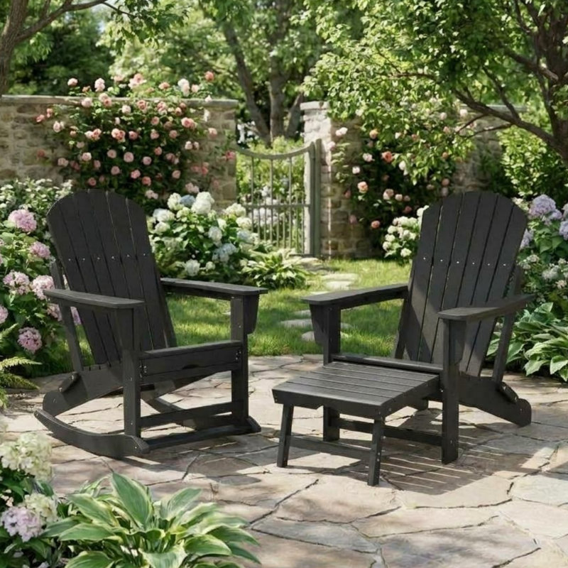 4-in-1 Folding Adirondack Chair with Ottoman & Rocking Base, All-Weather HDPE Patio Chair with Cup Holder, 380 lbs Capacity, 2 PCS