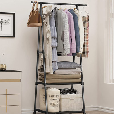 Clothes Rack on Wheels, Rolling Garment Rack with with 2-Tier Storage Shelves Portable Garment Laundry Rack for Home Office