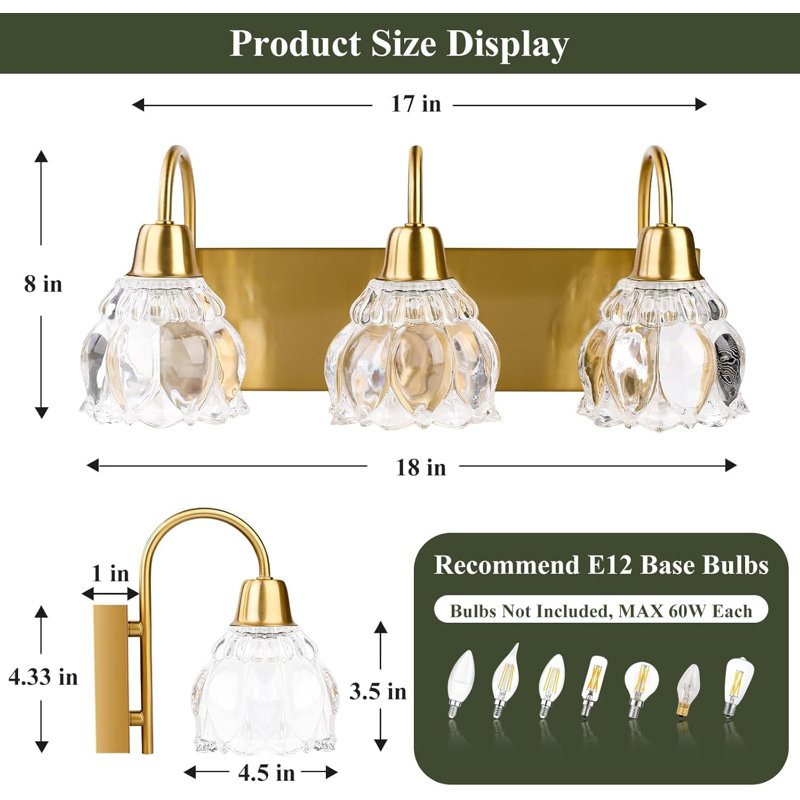 Modern 3-Light Bathroom Vanity Fixture With Flower Glass Shade, Wall Mount Light For Mirror, Kitchen, Bedroom, Hallway, Living Room, E12 Sockets