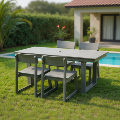 69'' Rectangular Table 5 - Piece All Weather Outdoor Patio Dining With 4 Chairs And Umbrella Hole For Poolside, Patio, Garden, Backyard Grey, Heavy Duty Table, Backyard, Garden Duty,