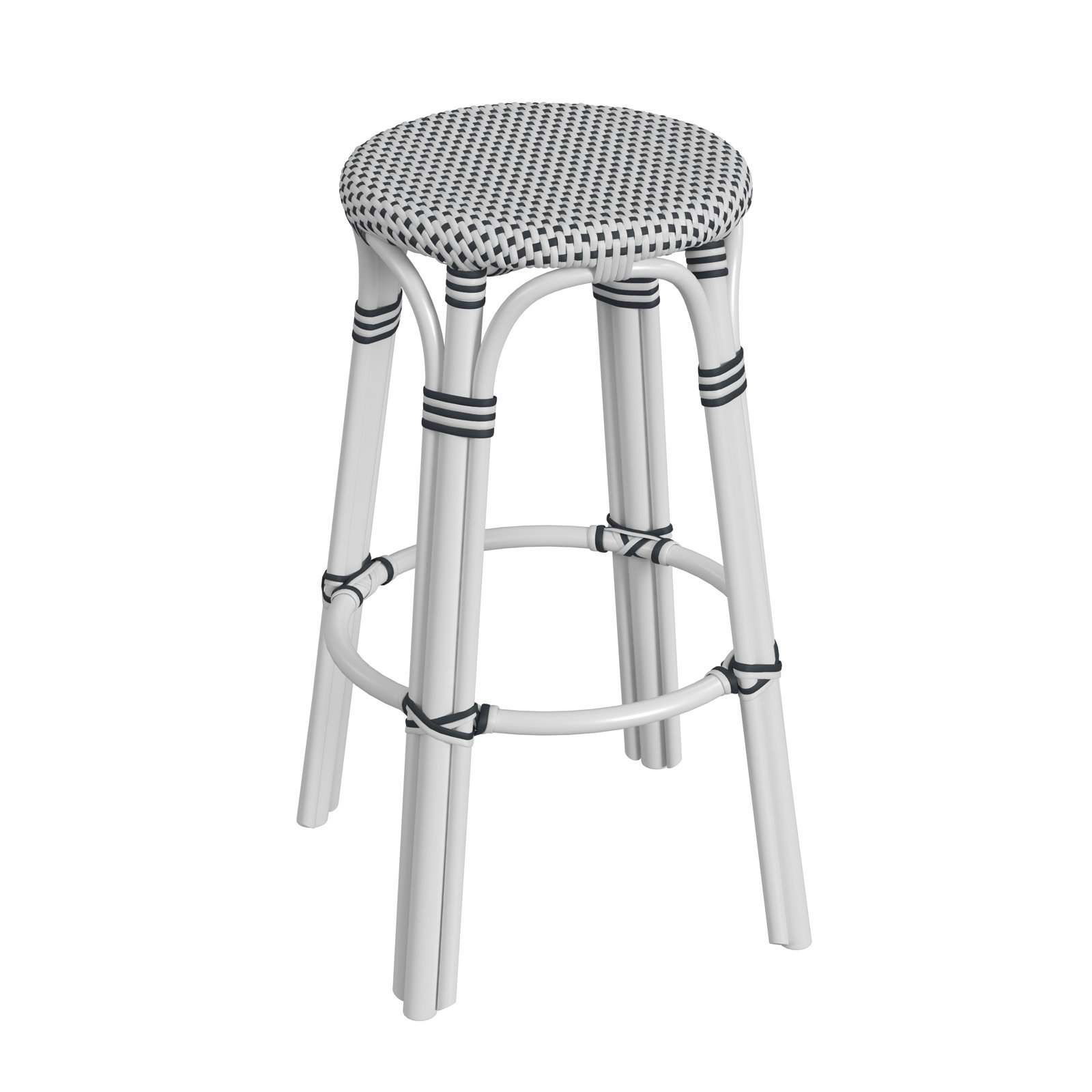 Alastair Bar & Counter Stool, Bar Stool (30" Seat Height), White/Black Dot/White Rattan Frame