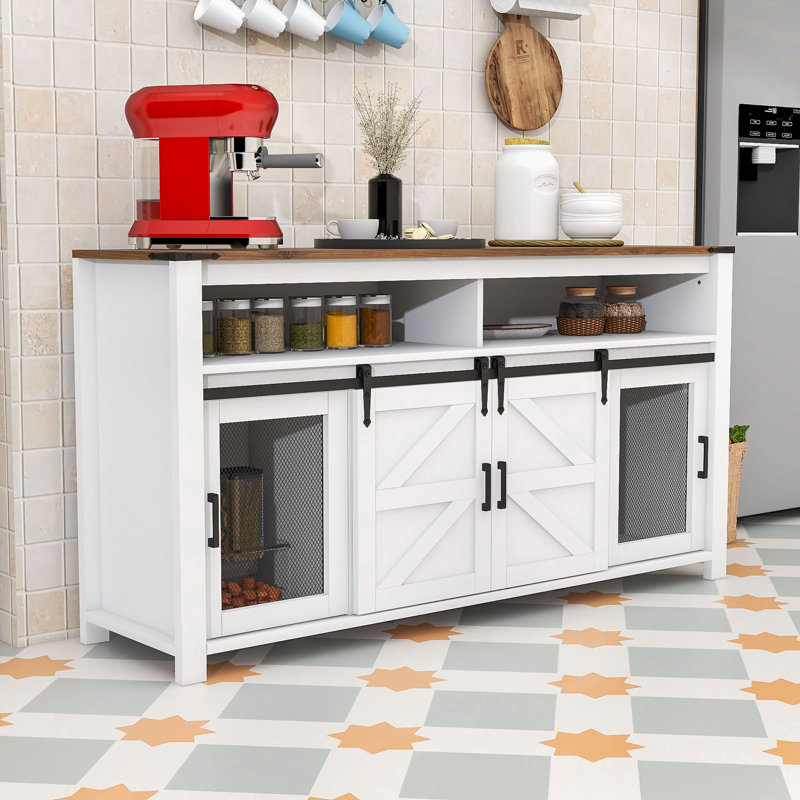 Farmhouse Sideboard Cabinet with Sliding Barn Doors, Open Storage Cubbies & Generous Tabletop Space, Brown White