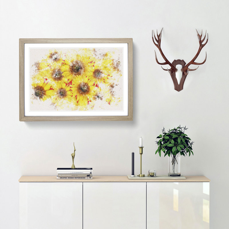 Wall Of Yellow Sunflowers - Single Picture Frame Print on MDF, Oak, 62cm H x 87cm W x 2cm D
