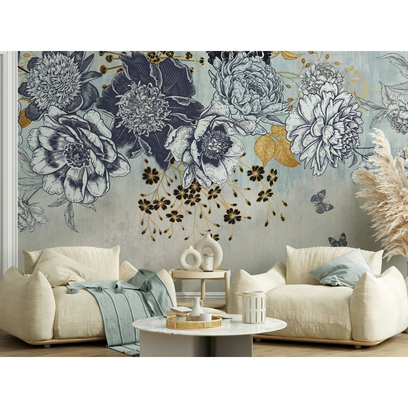 Papier peint croquis floral bleu avec branches dorées, L 49,92 po x l 75 po