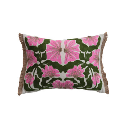 Cotton & Linen Lumbar Pillow With Embroidered Flowers And Jute Eyelash Fringe