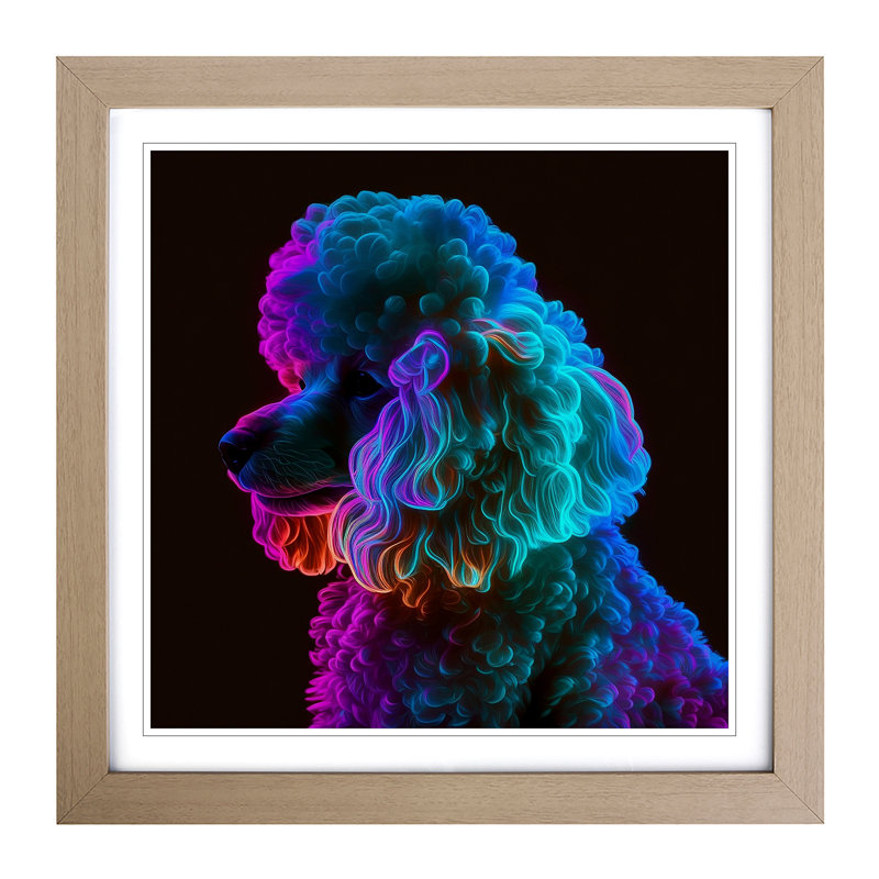 Poodle Neon - Single Picture Frame Print on Wood, Oak