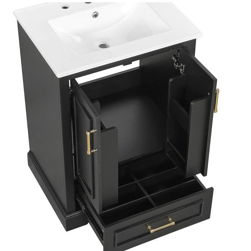 24"Bathroom Vanity with Sink, MDF Cabinet with Solid Wood Frame, 1 Divided Drawer and 2 Soft Close Doors with Dual Door Storage Racks, Freestanding Vanity