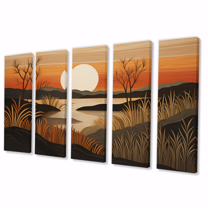 «Landscape Tranquility Full Moon Golden Fields III», art mural sur toile prairie - 5 panneaux égaux