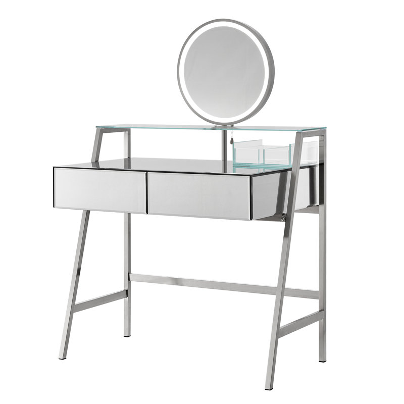 Meuble-lavabo à miroir avec miroir 33,9 po, avec miroir et lumières, tablette ouverte à 2 grands tiroirs, station de charge dans la chambre à coucher, console argentée pour miroir, tiroirs spacieux, douille,