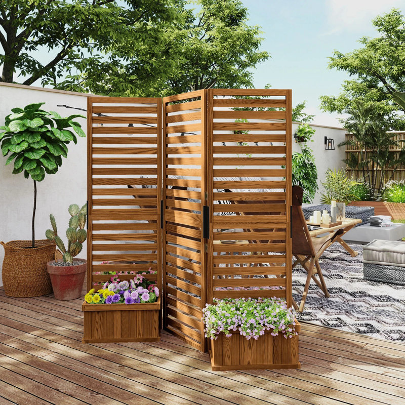 Panneau de treillis en bois 62,5 po x 19 po x 66 po avec 4 bacs à fleurs, écran de jardin surélevé autoportant, clôture d'intimité en bois naturel pour patio, cour arrière