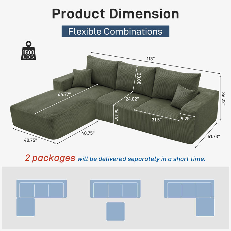 Canapé modulaire sans assemblage de 113 po Boneless, Velours côtelé vert