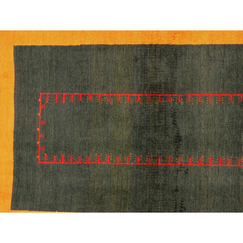 Hand-Knotted Dark Green and Yellow Wool Area Rug