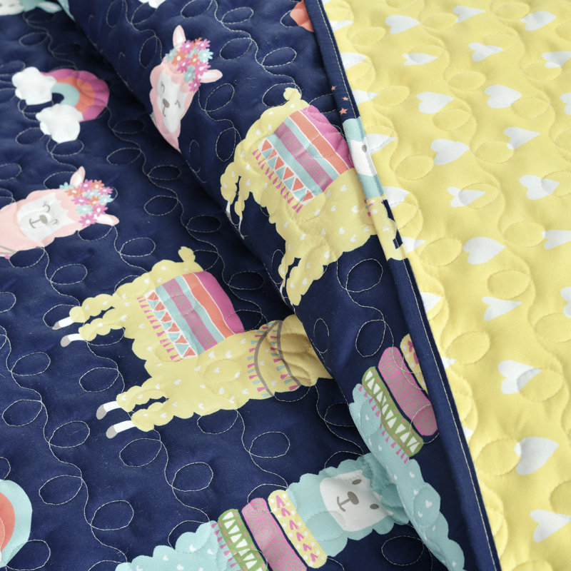 Navy and Yellow Reversible Microfiber Twin Quilt Set for Girls