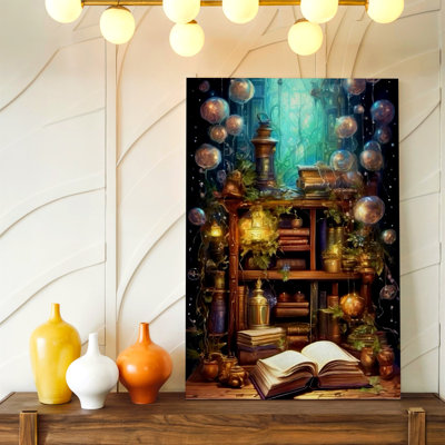 Bookshelf Open Book Glowing Orbs Magical Library Canvas Wall Art Print, Fantasy Decorative Artwork For Living Room, Bedroom, Office, Hallway, And Apartment Gallery Decor, Modern Home Accent