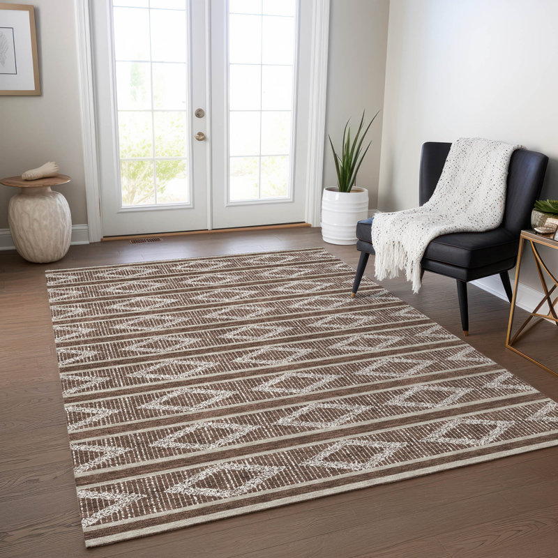 Brown Diamond Pattern Washable Synthetic Area Rug 10' x 14'