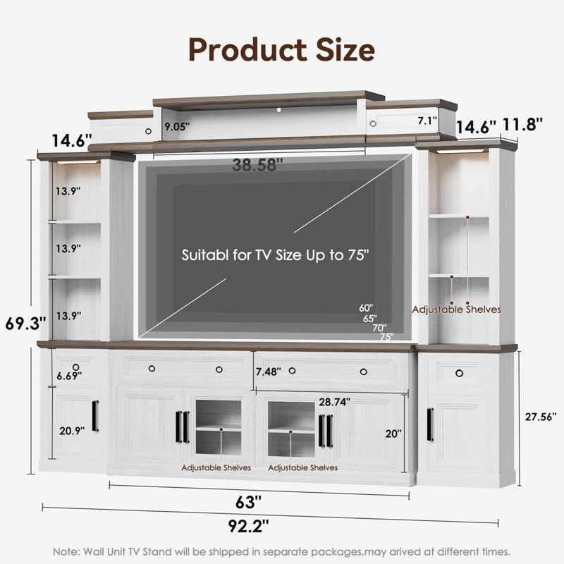 Farmhouse 4-piece Tv Stand With Bookshelves, Charging Station And Led Lights For Tvs Up To 75”, Studio Wall Unit Modern Entertainment Center With 4 Drawers And Storage Cabinets,tv Console Table Set For Living Room, Bedroom