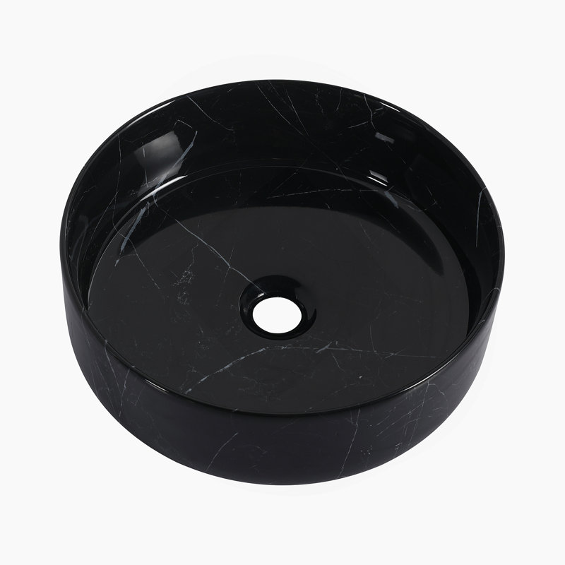 Ceramic Round Above Counter Bathroom Sink Art Basin, Black Background With White Patterns (UNOR B RR), Black/White