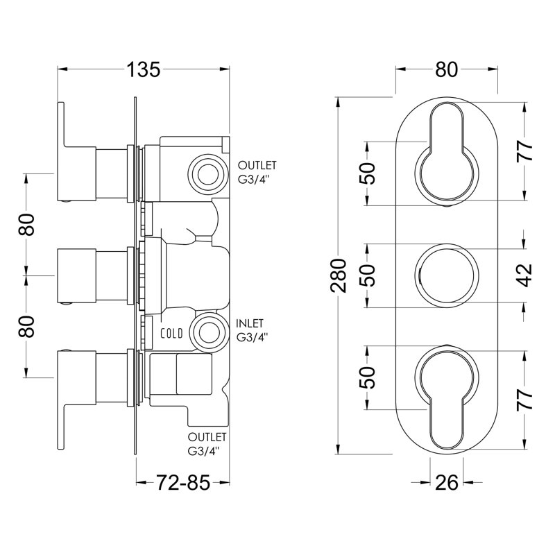 Triple Thermostatic with Diverter Shower Valve, Brushed Brass