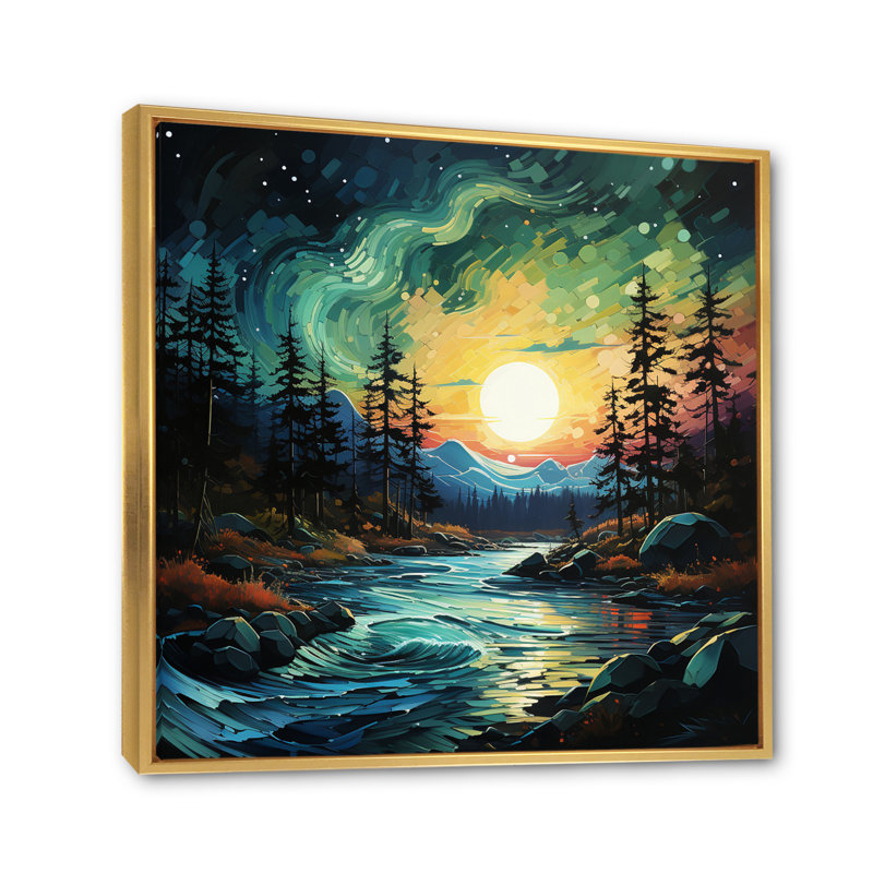 Paysage, aurores boréales V - impression, Cadre flottant doré, H 36 po x l 36 po x P 1,5 po