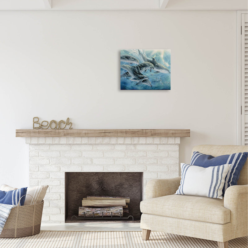 «Au-504-Canvas Playful Passage Dolphins Natation sur toile» par Linda Thompson, peinture, H 16 po x l 20 po x P 1,5 po