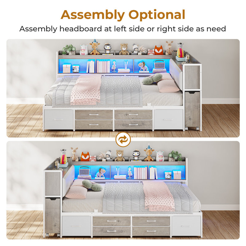 Upholstered Daybed with Pull-Out Nightstand & Hidden Storage Bookcase, Metal Convertible Corner bed frame with 6 Drawers, Charging Station & LED