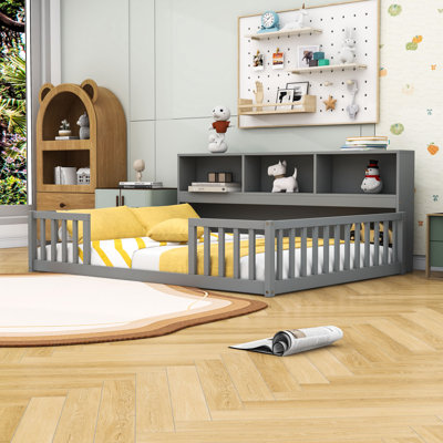 Wooden Floor Bed With Full-Length Side Shelf And Easy-Access Guardrails