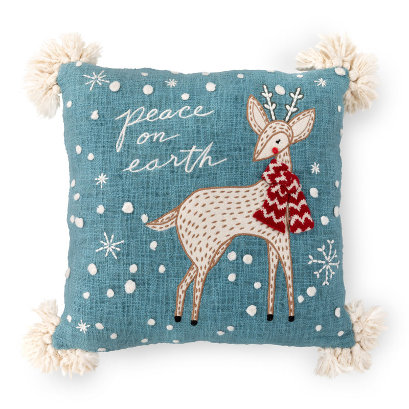18" Blue Embroidered Cotton Deer Throw Pillow