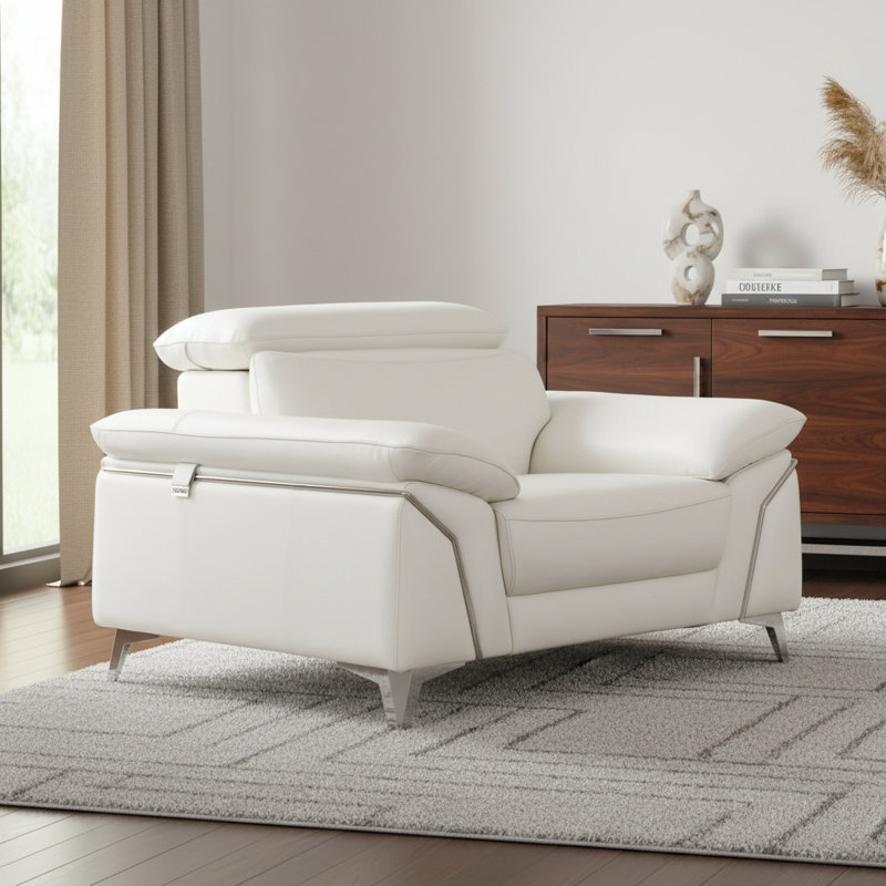  Chaise et demi en cuir véritable gris avec accents argentés