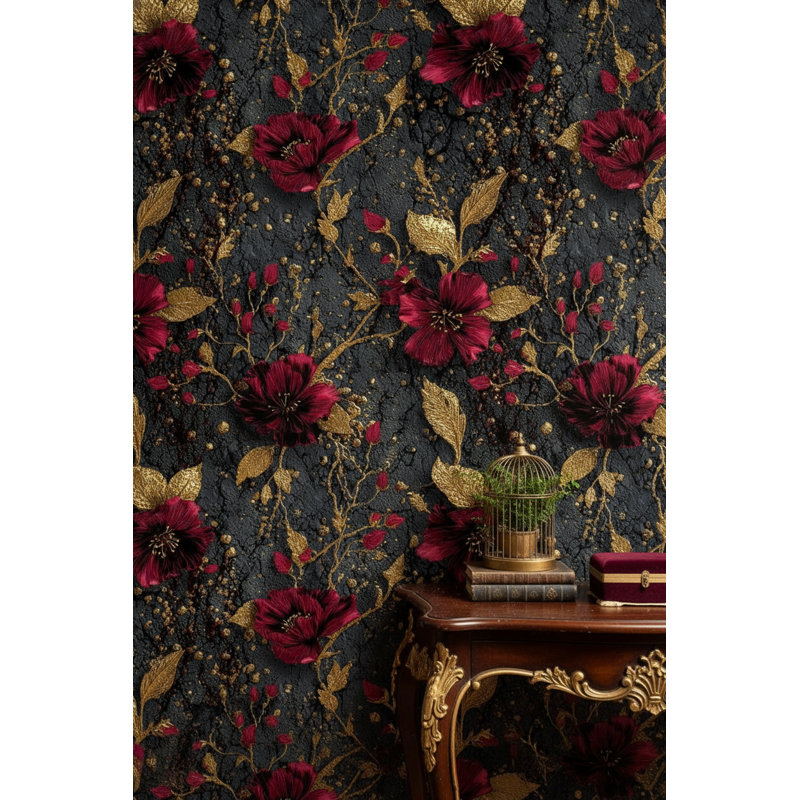Papier peint floral, décoration murale murale dorée de luxe