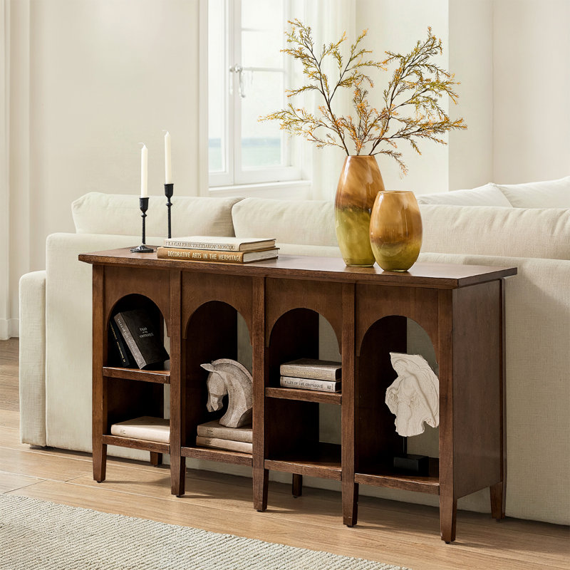 Savana Farmhouse 56'' W Arched Console Table with adjustable Shelves, Walnut