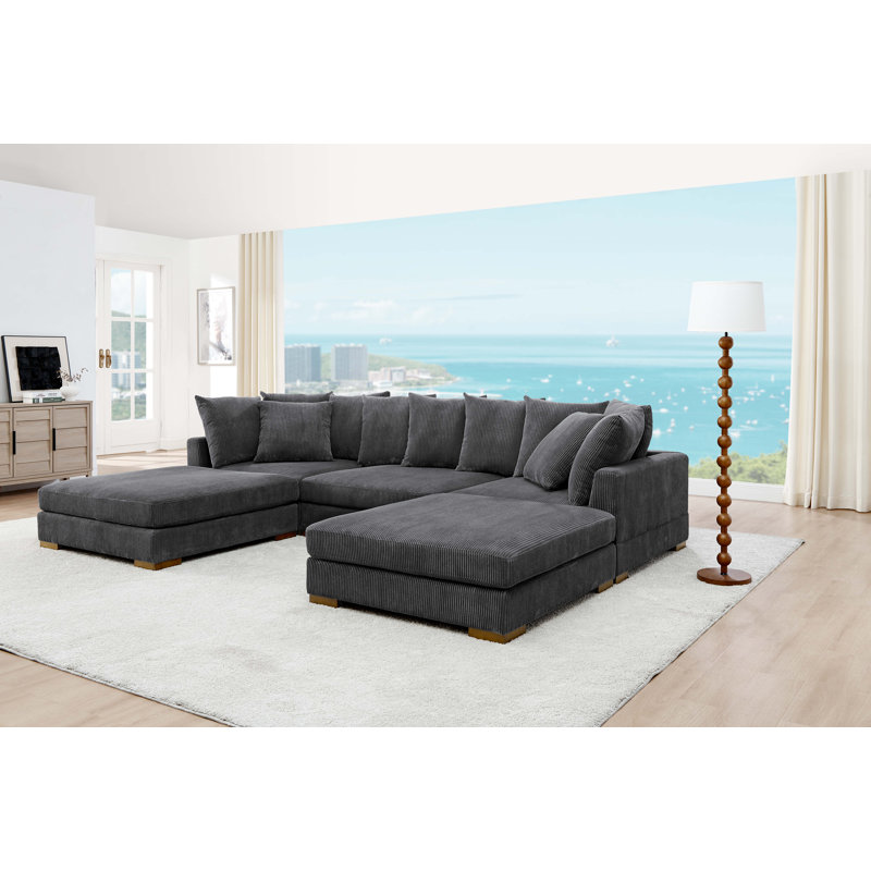 Canapé modulaire rembourré 5 pièces Blondun, Velours côtelé gris