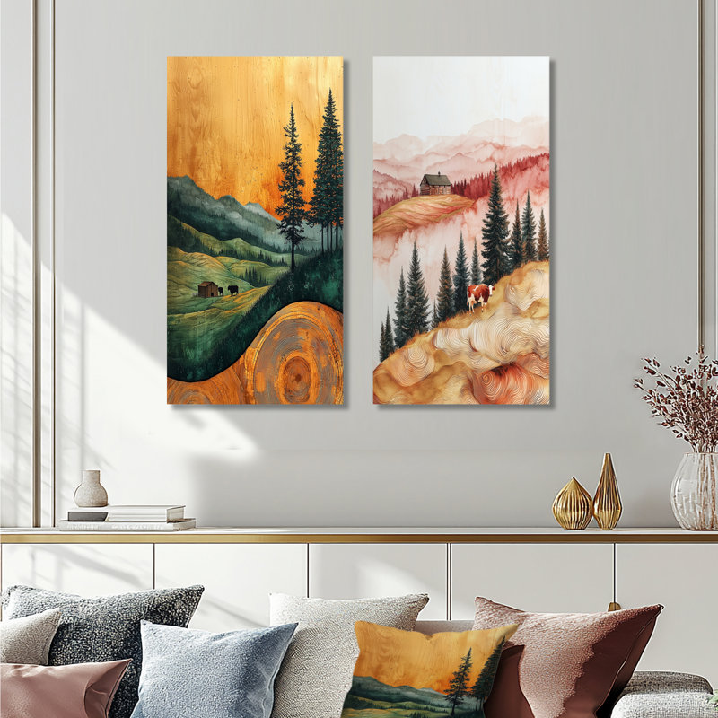 Automne, grange avec champ de vaches, paysage I - faune sauvage 2 panneaux d'art mural en métal surdimensionné, 32" H x 32" W