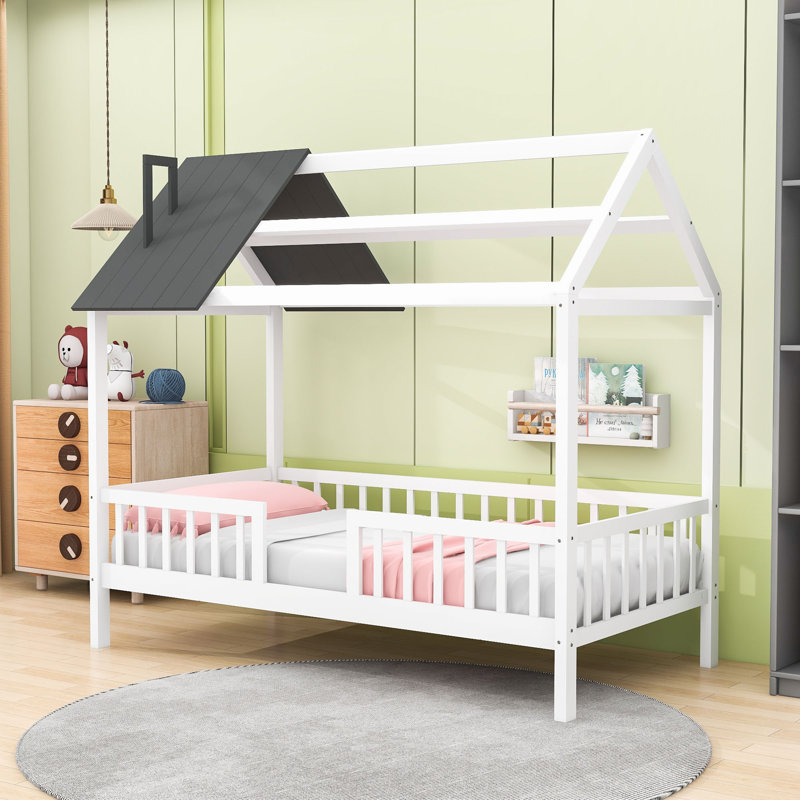 Twin-Size Wood House Bed With Roof And Fence, White/Gray