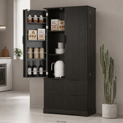 Armoire de cuisine 72 pouces à cannelures modernes avec 2 grands tiroirs et support à épices 8 portes, chêne
