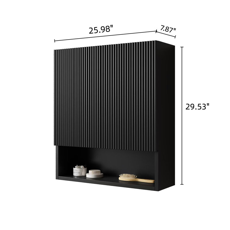 Armoire de salle de bain rayée de 26 po avec portes, tablette et rangement noir au-dessus de la toilette pour différentes utilisations