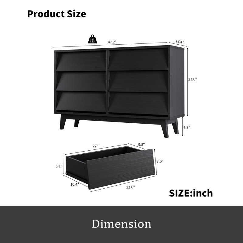 La commode double 6 tiroirs présente un design rétro et biseauté, Noir