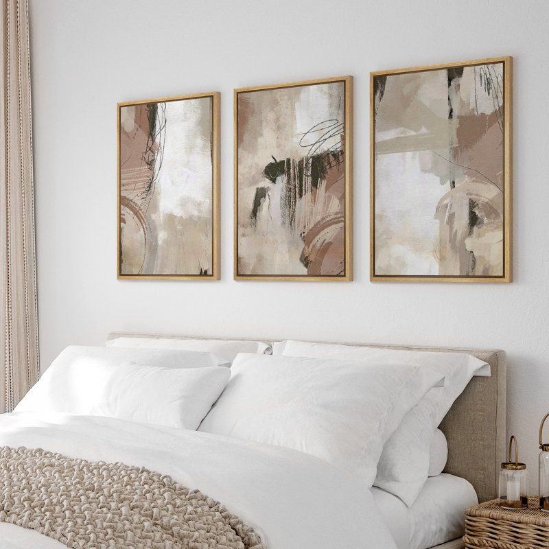«Pastel Watercolor Paint Strokes Abstract Neutral Art Decor», reproduction d'art sur toile encadrée 3 pièces, Plastique brun