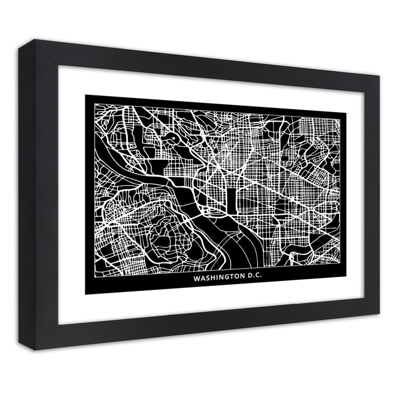 Washington Dc City Map 1 Piece Single Picture Frame Wall Art, 20cm H x 30cm W, Black