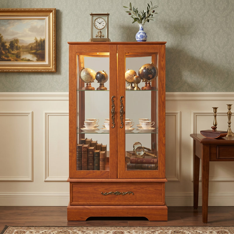 Lighted 2-Door Glass Curio Display Cabinet With Adjustable Shelves, Built-In Drawer, And Included Light Bulb, Dark Oak