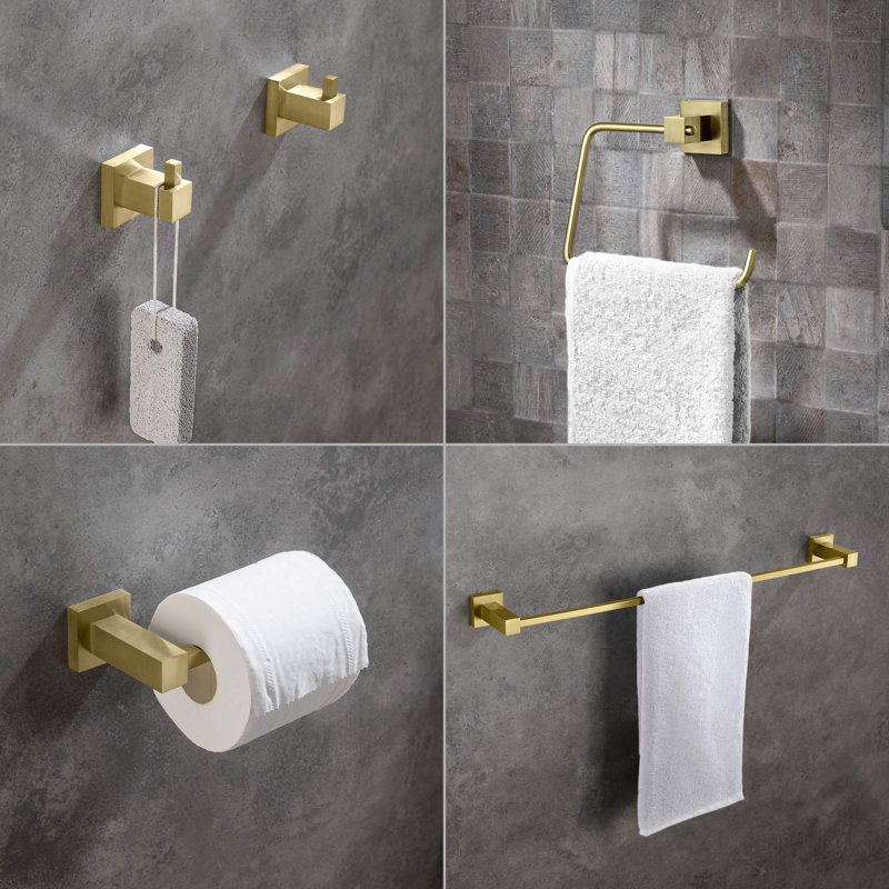 Cube 5 - Piece Bathroom Hardware Set, Brushed Gold