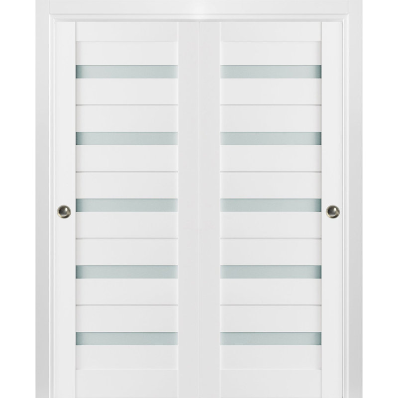 Portes coulissantes de placard à double battant avec verre dépoli Quadro 4445 Blanc Soie, rails robustes, moulures, garnitures, quincaillerie, ensemble de quincaillerie pour portes de placard de chambre en bois massif - 72 po x 80 po (2 x 36 x 80)