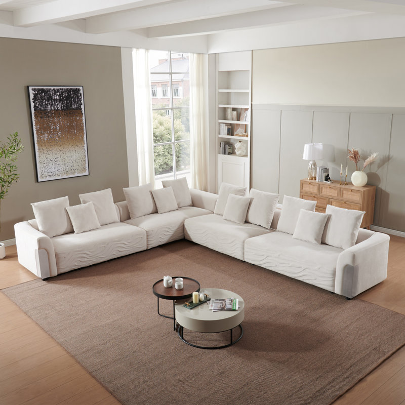 179.53” Wide L Shaped Sectional Sofa Couch For Living Room, Beige Chenille